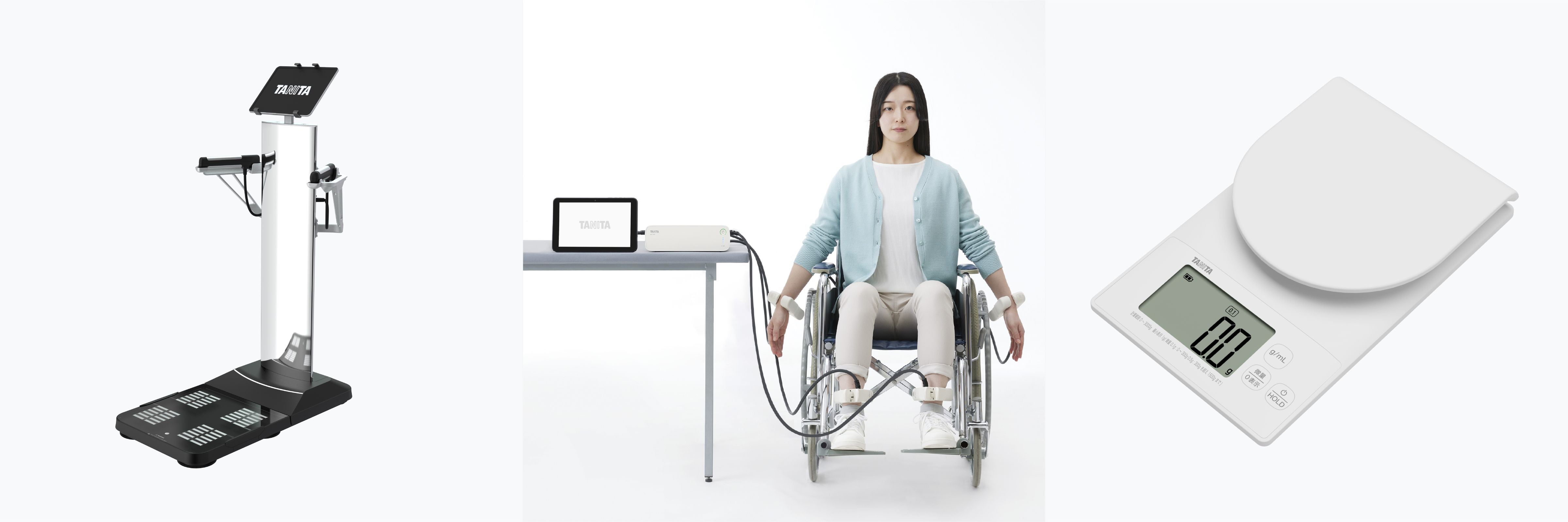左からプロフェッショナル体組成計「MC-800」、業務用体組成計「MC-1000」、洗えるクッキングスケール「KW-221、321、2G03、2G04、P21」の画像