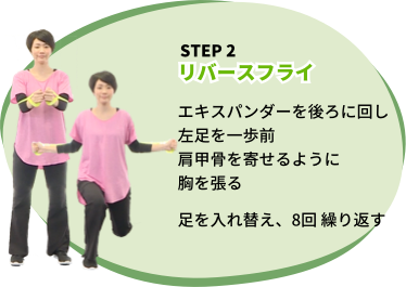 STEP2 リバースフライ エキスパンダーを後ろに回し 左足を一歩前 肩甲骨を寄せるように 胸を張る 足を入れ替え、8回繰り返す