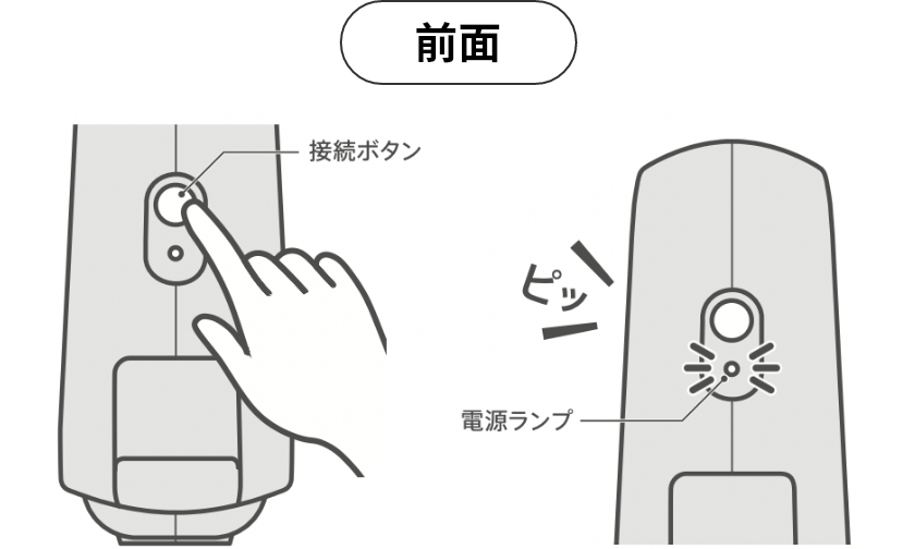 本機の接続ボタンを長押しし、本機がピッと鳴って電源ランプが青色に点滅することを確認