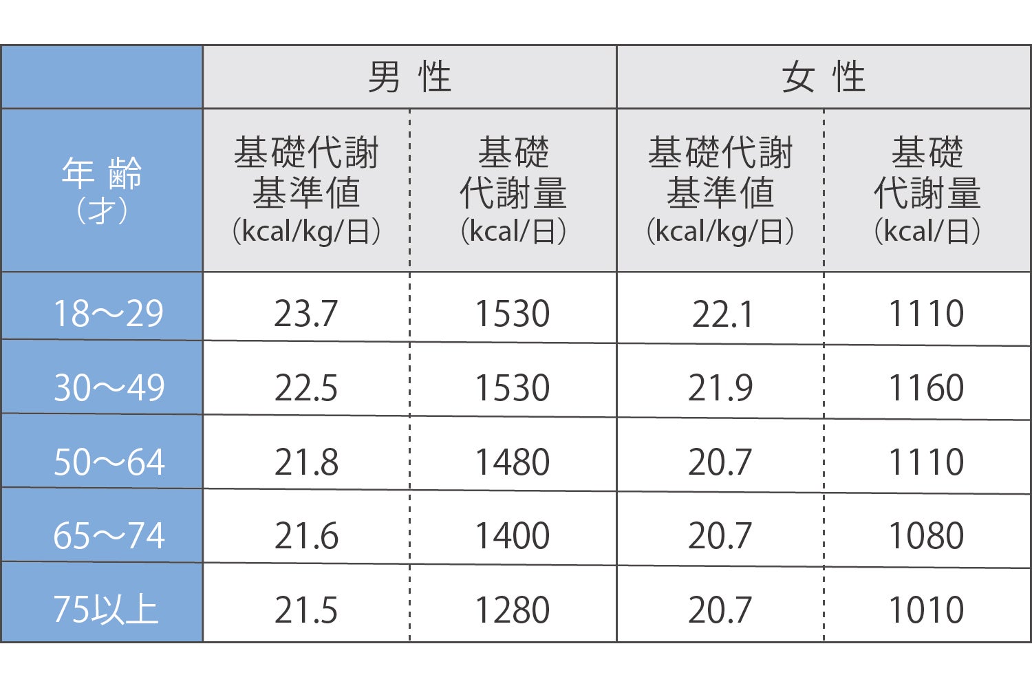 基礎代謝基準値と基礎代謝量（平均値）の表