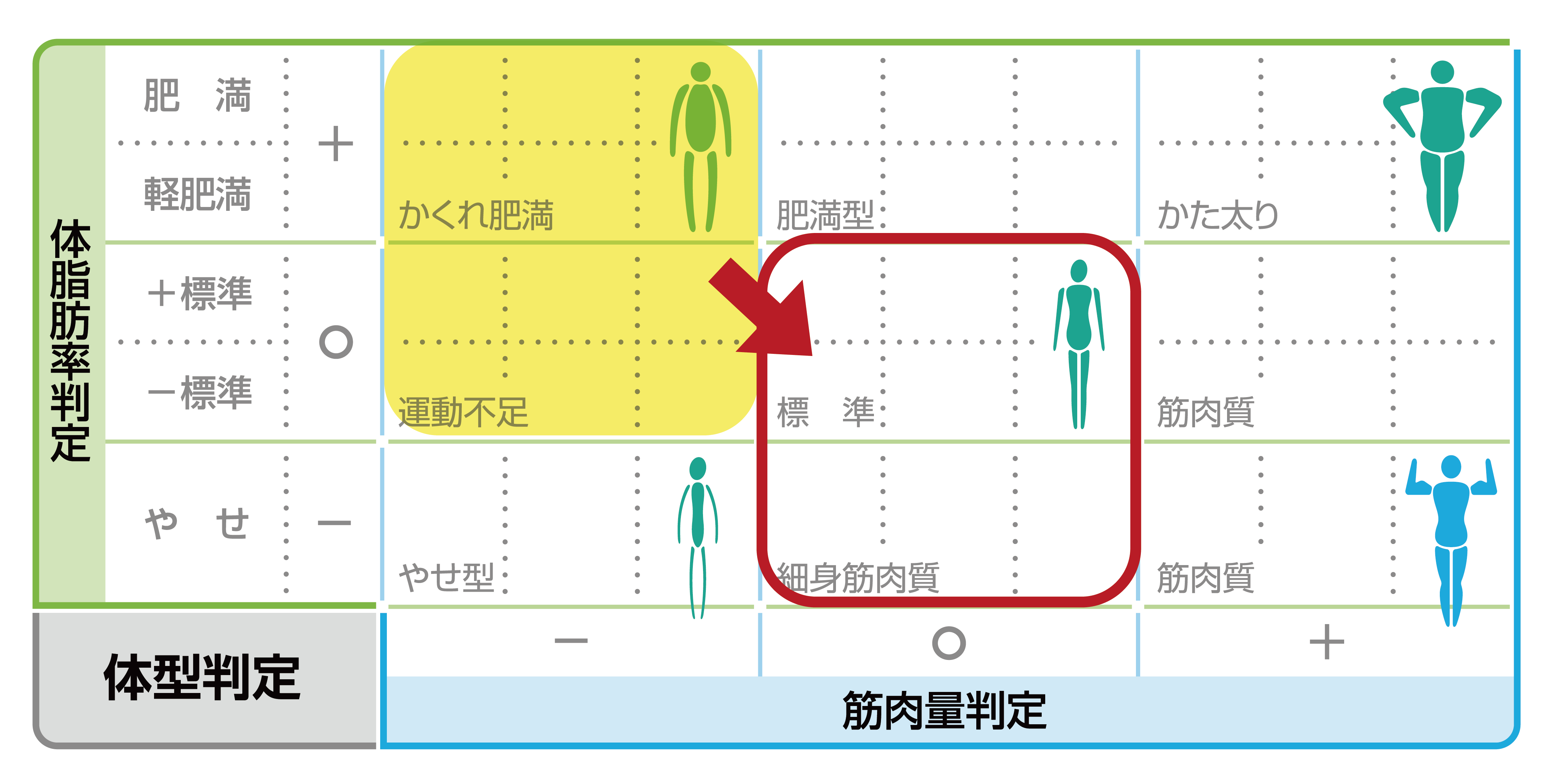筋肉量が「少ない」 かつ　 体脂肪率が「標準」「肥満」の体系判定表